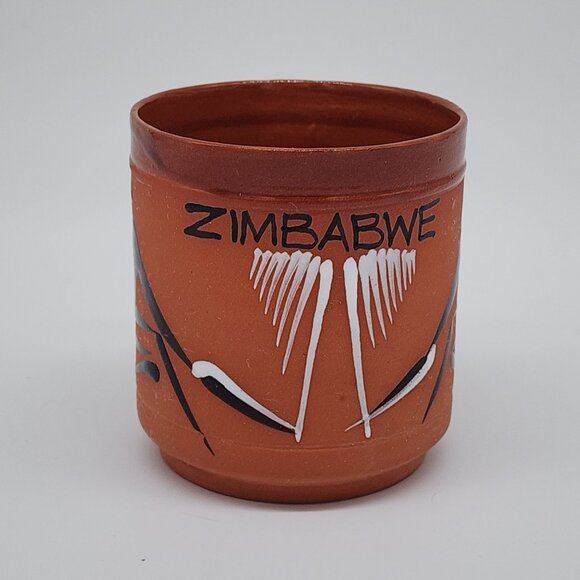 Hand Painted Zimbabwe Clay Mug With Traditional Art 3.5" Tall VTG - Picture 3 of 7